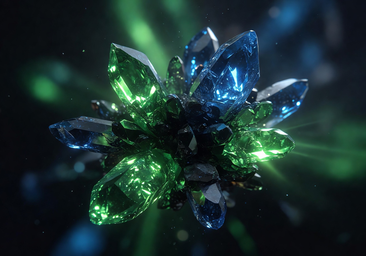 Abstract glowing green and blue crystals