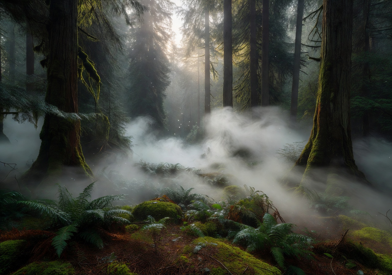 Cinematic view of a misty forest landscape resembling our studio inspiration