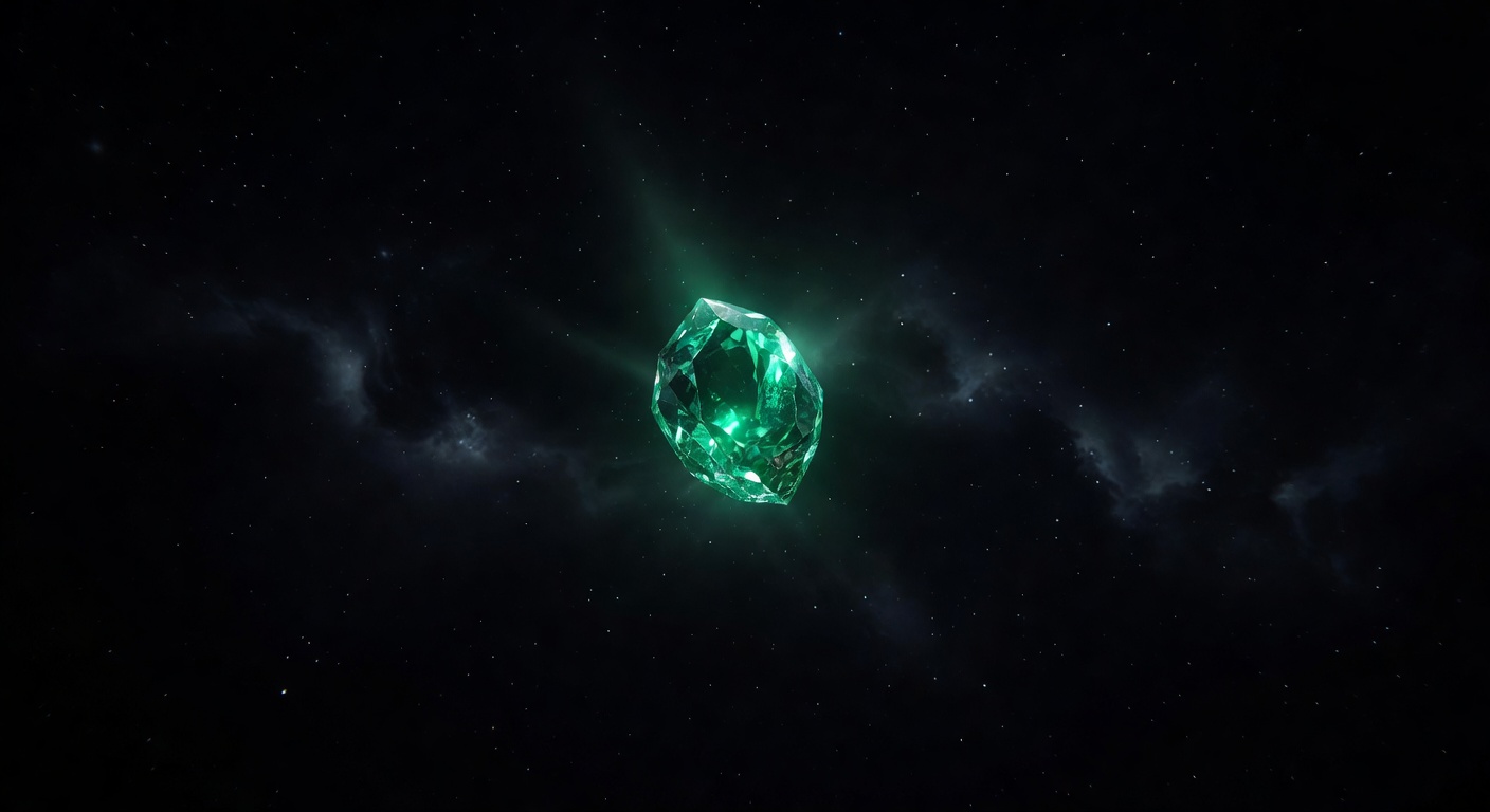 Floating glowing green emerald crystal artifact in a dark space