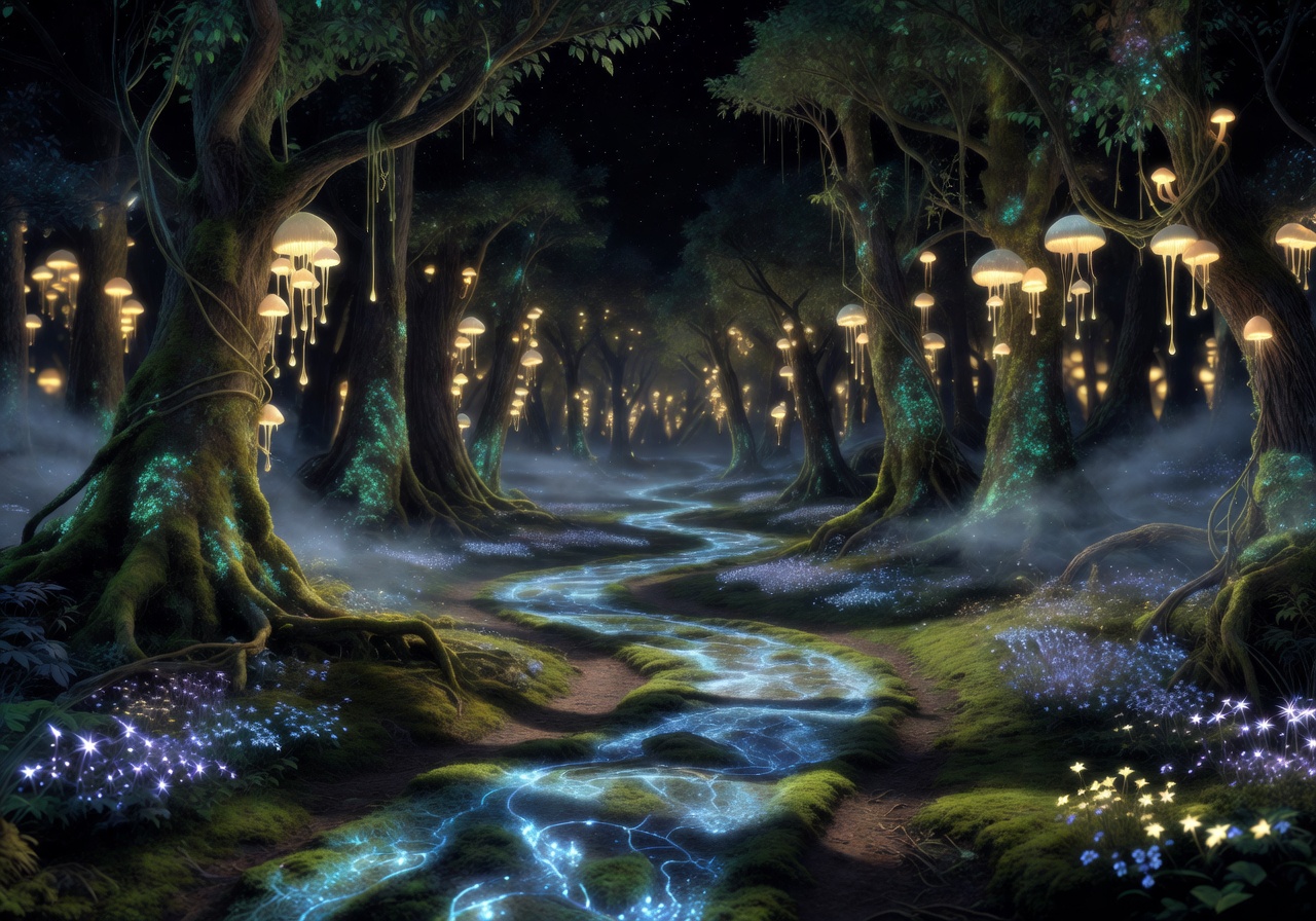Magical glowing forest path at night