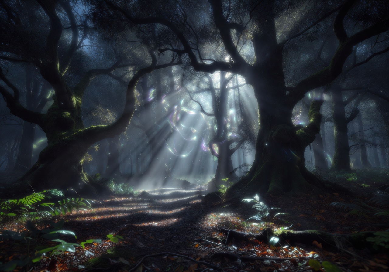 Mystical glowing light filtering through dark trees